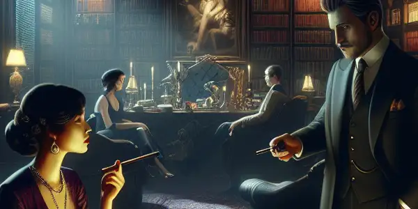 A luxurious office scene with two elegantly dressed individuals engaged in a tense, intimate conversation filled with political intrigue and romantic tension.