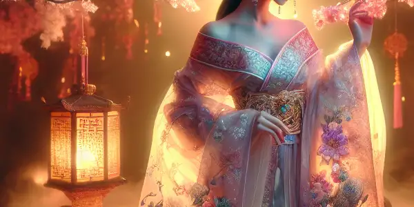 A mystical scene featuring Guya Xianzi in a flowing robe, surrounded by cherry blossoms and glowing lanterns.