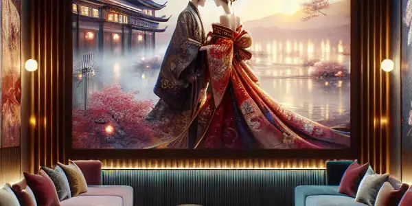 A stylish, intimate viewing room showcasing a vibrant scene from a Japanese AV film with elegant characters and ambient lighting.