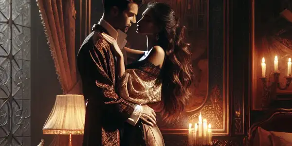 A stylish couple embraces in a dimly lit, luxurious room filled with intimate details and romantic ambiance.