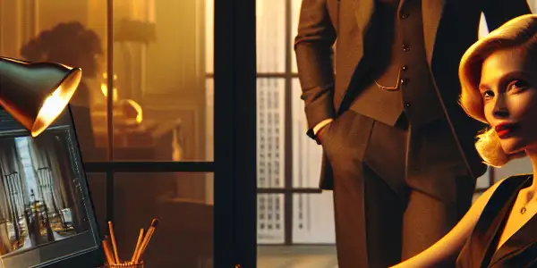 A stylish female secretary and her charming boss share an intimate moment in a luxurious modern office.