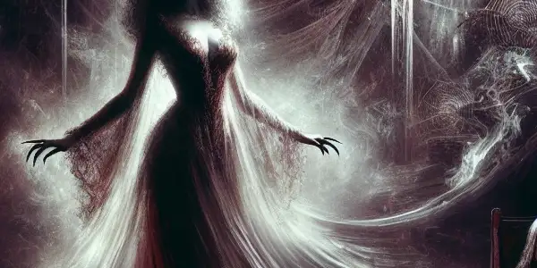 A hauntingly beautiful woman in a translucent gown amidst an eerie, dimly lit abandoned house.