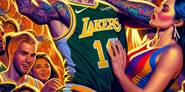 An NBA star in action surrounded by an enthusiastic crowd, with hints of romance in the stands.