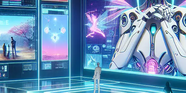 A futuristic virtual studio featuring a lifelike AI character with anime-inspired design amidst immersive holographic projections.
