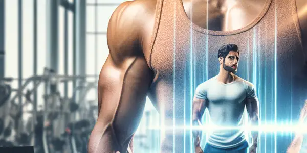 A confident fitness enthusiast poised between gym life and the adult film industry, showcasing strength and ambition.