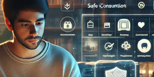 A cozy home scene of a young adult browsing legal adult content on a laptop, surrounded by books and plants.