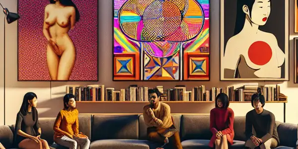 A diverse group discusses abstract art in a modern living room, exploring themes of sexuality and cultural critique.