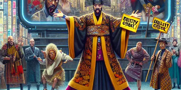 A bustling Japanese urban scene featuring a whimsical film set with actors humorously subverting adult film tropes.