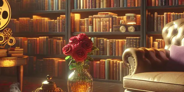 A cozy reading nook with an armchair, books, a steaming cup, and romantic rose petals.