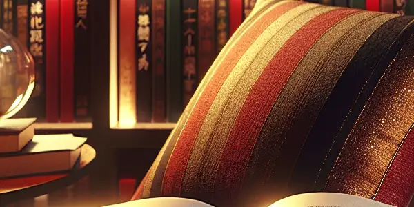 A cozy reading corner featuring an open book, plush pillows, and hints of adult themes in a warm, inviting atmosphere.
