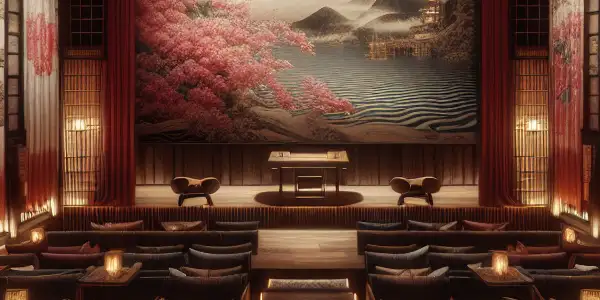 A dimly lit Japanese adult film theater featuring traditional architecture, plush seating, and a vibrant screen displaying alluring scenes.