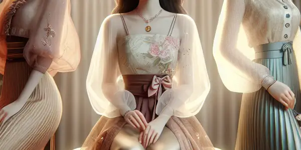 Three Japanese adult film stars in a luxurious room, showcasing elegance, innocence, and confidence in a captivating atmosphere.