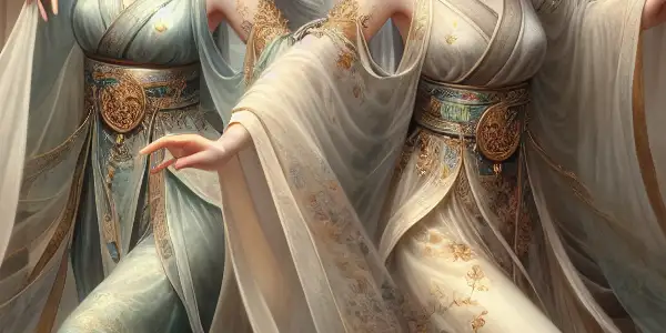 Two elegant sisters in silk garments dance in an opulent ancient Chinese palace, surrounded by intricate architecture and warm lighting.