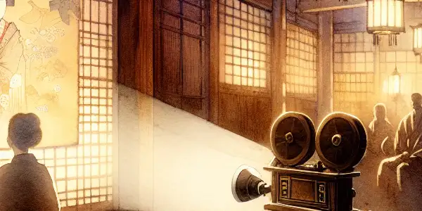 A dreamy, intimate room blending Japanese aesthetics with silhouettes suggesting sensuality and storytelling in adult cinema.