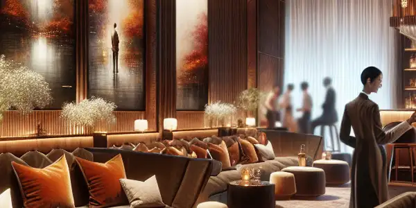 A luxurious erotic club with plush seating, ambient lighting, and artful adult film scenes creating an intimate atmosphere.